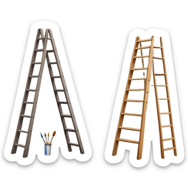 Wall painting icon, hand-painted mural on a wall, visible paintbrushes, paint pots, and ladder, a beautiful picture in progress on the wall, intricate patterns or designs, minimalistic style, clean lines, transparent background. sticker