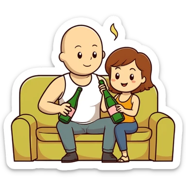 A bald man sitting on a couch. One Caucasian woman with brown hair, big boobs, wearing pants and a tank top, kneeling on the ground. She is hold a champagne bottle on his lap that is bursting sticker