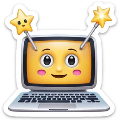 cheerful 2D cartoon emoji of a computer with friendly eyes and a magic wand, surrounded by sparkles, representing AI-generated content in a fun way, in the style of standard Slack emojis sticker