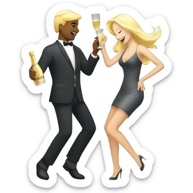 A grey man and a blonde woman dansing with a bottle of champagne by night sticker