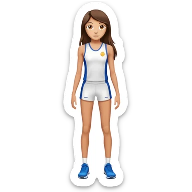 short skinny brunette with long hair, slim weigh sunburn with tan lines in a track uniform sticker
