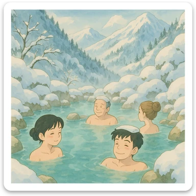 a snowy mountain hot spring scene with people relaxing in the warm water, surrounded by snow, Ghibli-inspired style sticker