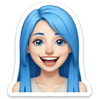 Blue haired blue eyes female long straight hair laughing, pierced lip, pierced nose sticker