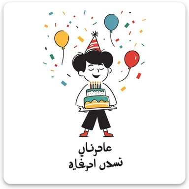 Vibrant, multi-colored illustration of a little boy with a colorful birthday cake, lots of colorful confetti, balloons, and party elements. Below the illustration, in a separate text area, write in very clear, large Persian characters: "امیدرضا جان تولدت مبارک" sticker