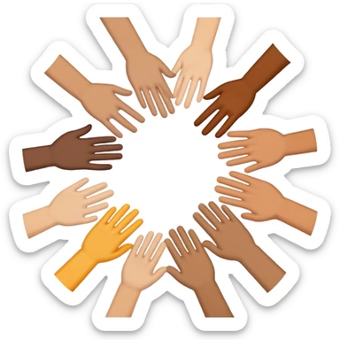 Emoji-style icon showing several diverse hands forming a circle or high-five together, symbolizing unity and team spirit. Flat minimal Apple-style emoji, bright colors, white background, soft shadows. sticker