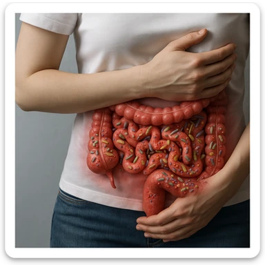 Hyperrealistic 4K anatomical view of a female body in a similar position to the reference image, showing the intestine visible in transparency without parasites but with altered intestinal microbiota (dysbiosis). Realistic and varied bacteria and microorganisms are depicted, with reddened and inflamed intestinal walls, clinical atmosphere. sticker