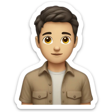 short dark hair white young boy in brown button up shirt with a tshirt under holding an arm sticker