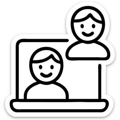 Minimalist illustration of a virtual meeting with two smiling individuals, one on a laptop screen, expressing connection and communication. sticker
