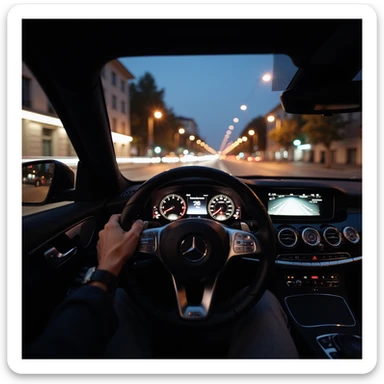 Mercedes E63 2024, realistic first-person view from behind the steering wheel, left hand on wheel, night driving in Bucharest, city lights, motion blur, photorealistic sticker