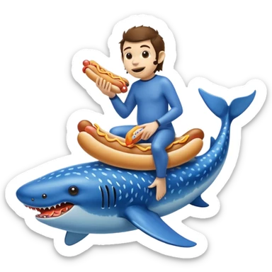 A monkey riding a whale shark eating a hot dog sticker