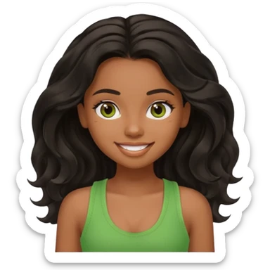 a pretty bratz brown girl with long wavy black color hair, brown eyes and green tank who is smiling sticker