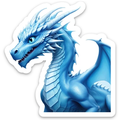 Cinematic Noble very elegant slender Ice Dragon Portrait Emoji, Poised and imposing, distinct long elegant snout, with a slender, scaled body shimmering in glacial hues of icy blue, frostbitten silver, and crystalline white, breathing out frost, with piercing, glowing ice blue white eyes that radiate the chilling depths of an arctic storm; rendered in detail. excuding wisdom sticker