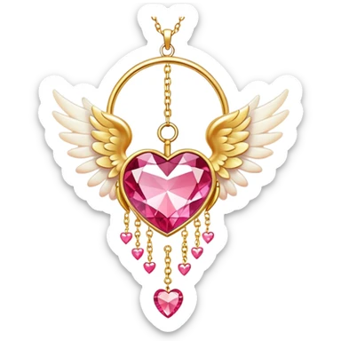 Reddish-pinkish and golden warm-colored romantic lush beautiful pretty hanging crystal-catcher aesthetic with hearts and sparkles and and white angel wings hanging from a gold chain sticker