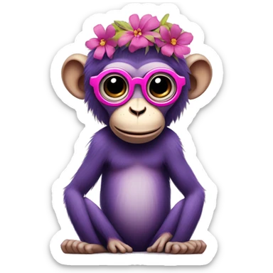 A purple monkey with no legs just arms and wearing a pink and yellow flower crown with circle glasses  sticker