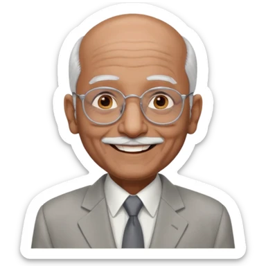 70 yr old indian man, almost bald, some white hair, light grey business suit, big smile, dark brown skin, no moustache, dark brown eyes, glasses
 sticker