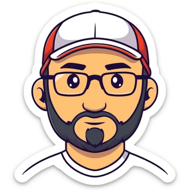 adventurer with small beard, glasses and backwards baseball cap sticker