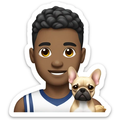 athletic light skin male with really short black fade hairstyle holding a french bulldog sticker