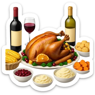 Thanksgiving Dinner with 6 friends of all different races around the table; have the food be a cooked turkey, mashed potatoes, corn, a basket of biscuits, a small bowl of cranberry sauce, baked yams, steamed vegetables, and a bottle of wine. sticker