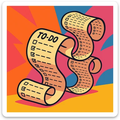 never-ending to-do list paper twisting and turning with exaggerated curves, filled with rows of tiny checkboxes, fading away in a vibrant cartoonish scene sticker