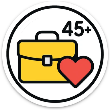 silver circle with subtle shine, briefcase and heart inside, symbolizing jobs and care for experienced professionals aged 45+, clean modern inclusive look sticker