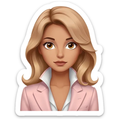 A 30-year-old woman with tanned skin, light brown long wavy hair, delicate face, almond-shaped eyes with smoky foxy eye makeup, brown eyes, wearing a light pink blazer and white satin cowl neck blouse with thin straps sticker