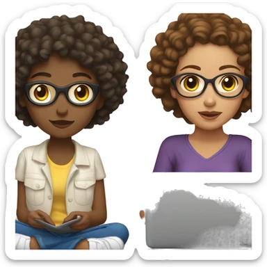 a young brunette and curly woman sitting cross-legged with her laptop on her lap. LIGHT SKIN  sticker