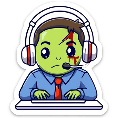 zombie call center employee with headphones, torn uniform, and dead eyes sticker