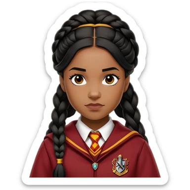 Angelina Johnson in harry potter, wear hogwarts gryfindor uniform,  thick, black hair worn in braids, reflecting her bold, stylish, and strong personality sticker