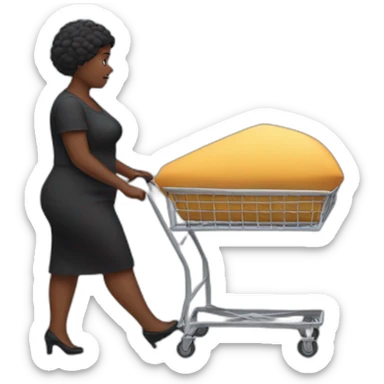 Fat black lady walking away with a trolley carrying a coffin sticker