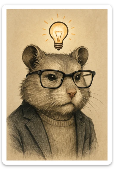 a contemporary, mature-looking hamster, inspired expression, fashionable glasses, and a lightbulb symbolizing an idea, sophisticated illustration style sticker