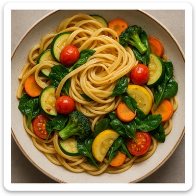 realistic style veggie pasta, detailed noodles and vegetables, top view sticker