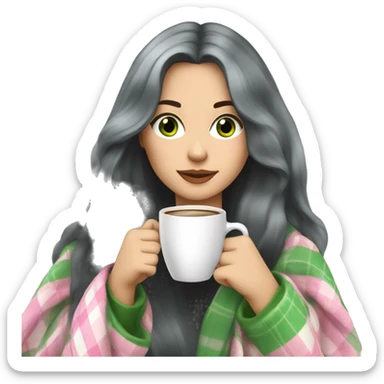 A pretty white woman with long black hair and green eyes wrapped in pastel pink plaid blanket drinking coffee sticker