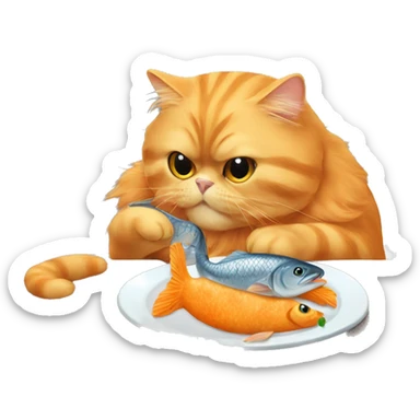 Orange persian cat eating a fish sticker