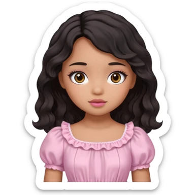 Tan skin girl, brown Asian eyes, black soft wevy hair, doll  beabadoobe makeup, baby pink Victoria dress  sticker
