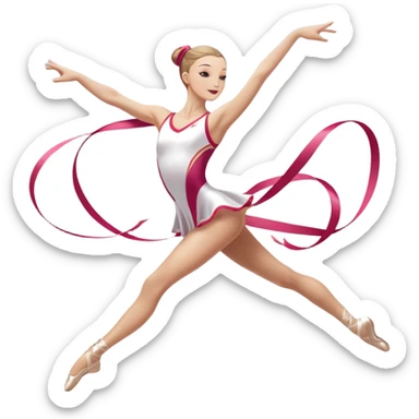 A graceful rhythmic gymnast performing with a flowing ribbon, executing an elegant leap mid-air. The pose exudes flexibility, balance, and artistry. The background suggests a competition arena with soft lighting, emphasizing movement, precision, and the beauty of the sport. sticker