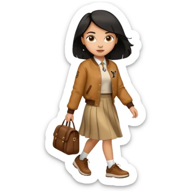 black color hair, light skin long hair girl with brown varsity jacket and long skirt walking

 sticker