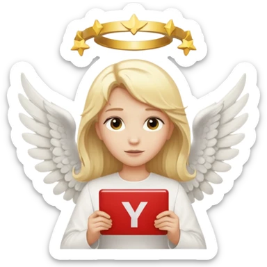 "An angel emoji with blonde hair, a halo, wings, holding a 'COMPARTILHAR' sign in bold letters." sticker