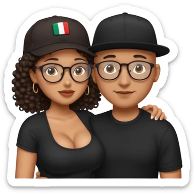 A picture of an embracing tanned couple. the man is a Mexican man with tanned skin, with a bald hair cut wearing a SnapBack hat and a black shirt. the woman is mixed, she has curly longer dark brown hair, thicker and with big boobs and she has glasses sticker