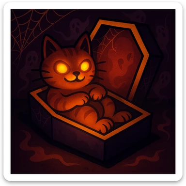 Make the cat in the coffin look spooky with eerie lighting, add cobwebs and ghostly effects in a vibrant cartoon style. sticker