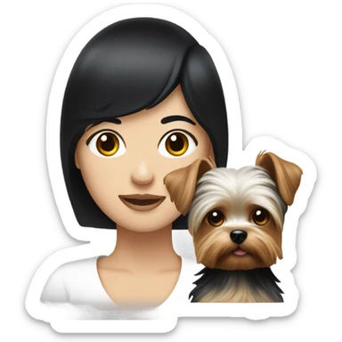White face lady with black hair holding a Yorkie  sticker