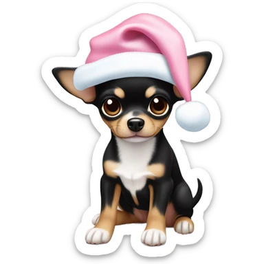 black & tan chihuahua puppy full body light blue eyes pink christmas hat on sticker