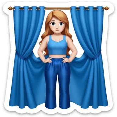 Meghan Trainor dressed in blue crop and blue silk pants holding blue curtain  sticker