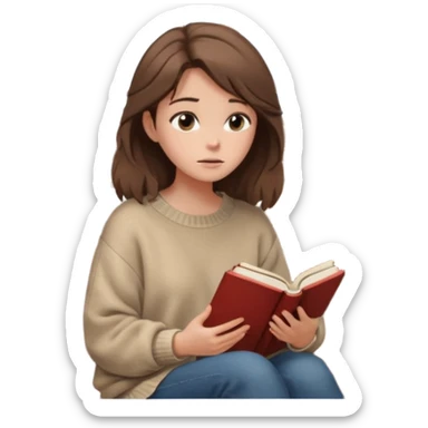Cewe Overthinker Sweater oversized, rambut agak berantakan natural, duduk dekat jendela sambil pegang buku/jurnal, tatapan kosong mikir. sticker