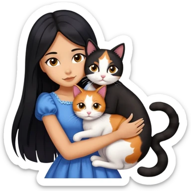 A beautiful girl with long black hair wearing a dress hugs a cat of three colors sticker