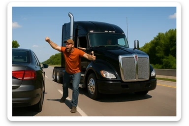 Zoom the scene out so the view is a little farther away, showing more of the road and both vehicles. Keep the black Kenworth W680 semi with chrome stack, angry bald driver in orange shirt and baseball cap, arm out the window, following a car. Scene should remain bright and vibrant. sticker