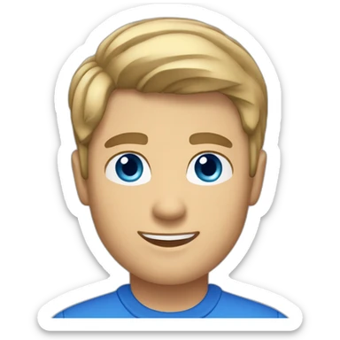 caucasian male, short dark blonde hair, blue eyes, blue polo shirt, dimples sticker