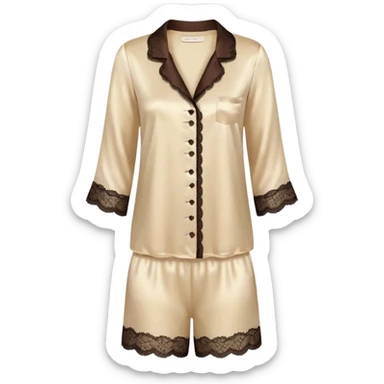Cream and dark brown color silk pajamas with lace trim sticker