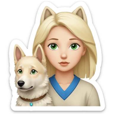 A white blonde Hair Woman with blue Green eyes with a White Shepard with a little bit beige in the fur in a lovely pose  sticker