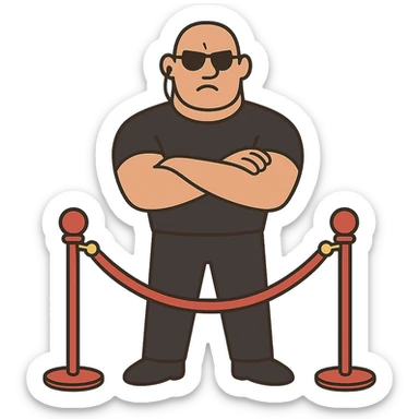 flat toon style illustration of a bouncer at a velvet rope, representing gatekeeping sticker