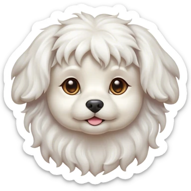 Cinematic Cute Wavy-Haired Maltese dog Portrait Emoji, Head tilted playfully and inquisitively, featuring a luxurious, wavy-haired white coat with a healthy sheen, round, sparkling dark eyes filled with curiosity, Simplified yet irresistibly adorable features, highly detailed, glowing with a warm, friendly glow, high shine, affectionate and lively, stylized with a touch of whimsy, bright and endearing, soft glowing outline, capturing the essence of a mischievous yet loving companion, so playful it feels like it could scamper out of the screen and into your arms! sticker